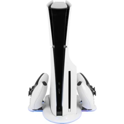 Image de Konix Station de refroidissement Power Cool &amp; charge Dock console PS5 Slim Support 2 manettes DualSense Éclairage RVB Blanc