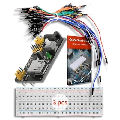 Image de AZDelivery 3 x MB 102 Kit Électronique: Platine d&#039;essai à 830 Points Breadboard + Adaptateur Secteur (3,3V/5V) 65 Morceaux de câbles Compatible avec Arduino et Raspberry Pi incluant Un E Book!