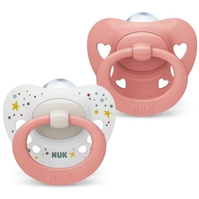 Image de NUK Signature Lot de 2 tétines en silicone forme cœur sans BPA pour bébé 0 à 6 mois Apaise 95% des bébés Avec étui Cœurs roses