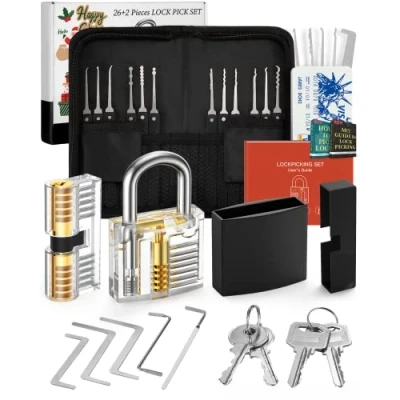Image de FAHEFANA Kit de Crochetage Serrure 26 Pièces, [2023 Nouveau Défi] Lock Picking Outils D’entraînement avec 2 Transparente Cadenas, Manuel d&#039;instruction pour Serruriers Débutant et Pro