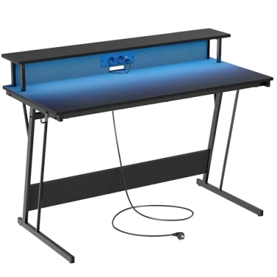 Image de VASAGLE Bureau Gaming avec LED et Multiprise, Table Gamer, Informatique Rehausseur d’Écran, pour 2 Ordinateurs, Chambre, 55 x 135 76 cm, Noir Carbone LWD117B02