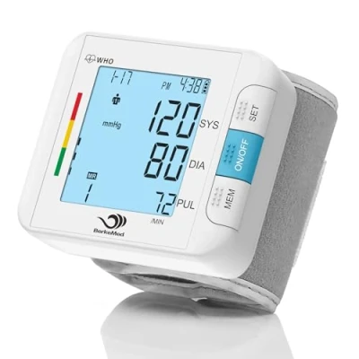 Image de BerkeMed Tensiometre Poignet, pour la surveillance de tension et fréquence cardiaque à domicile.Brassard ajustable 22 32cm, LED Écran Rétroéclairé, 2x99 Mémoire（Blanc）
