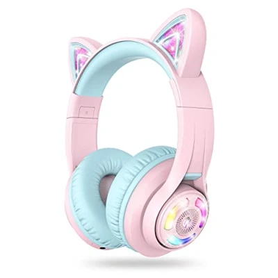 Image de iClever Casque Audio Enfant Bluetooth, pour Filles Oreille de Chat Contrôle du Volume Réglable 74/85/94dB avec Microphone Ecole/Tablette/Téléphone/PC
