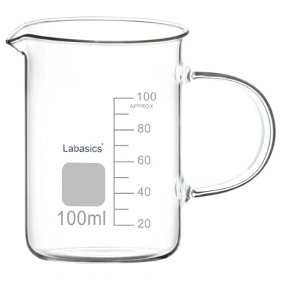Image de Labasics Bécher en Verre, G3.3 Gobelet Gradué Verre Borosilicaté de Qualité Laboratoire Mesure Transparent Griffin Forme Basse avec Poignée et Bec Verseur, 100 ml
