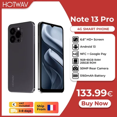 Image de Smartphone HOTWAV Note 13 Pro d&#039;origine Android 6,6 pouces HD+ Taux de rafraîchissement 90 Hz 16 Go(8+8)Téléphone portable 256 Go avec appareil photo 50 MP et batterie 5160 mAh