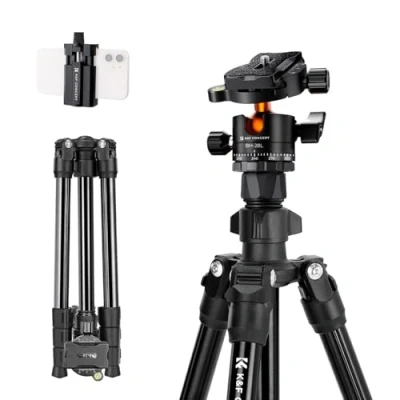 Image de Trépied Appareil Photo pour Smartphone, ‎K&amp;F Concept 163cm Trepied Léger en Aluminium avec Téléphone Support, 10kg Charge Max, Compatible DSLR Nikon Canon Camera iPhone Samsung (Nouveau Améliorer)