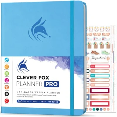 Image de Agenda Clever Fox PRO de vie hebdomadaire et mensuel pour augmenter la productivité, gestion du temps atteindre vos objectifs Organisateur, Durée 1 an A4, Non daté (Bleu)