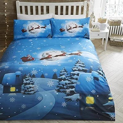 Image de Bedlam Housse de couette Père Noël en traîneau Lit simple (140 x 200 cm) Literie phosphorescente 1 taie d&#039;oreiller sapin et neige Décorations