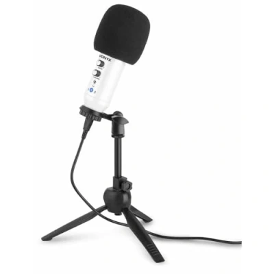 Image de VONYX CM320B Microphone Studio USB avec Trépied Blanc, Micro Professionnel USB, Gain et Écho Réglables, Prise Casque 3,5mm, Corps Métallique, Adaptateur 3/8&quot; 5/8&quot;, Bonnette en Mousse