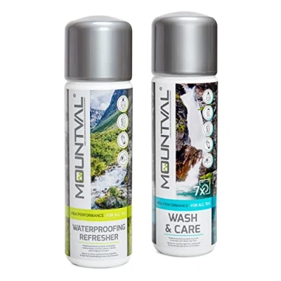 Image de Ensemble d&#039;entretien pour vêtements par temps humide, Mountval Nettoyant &amp; Soin (315ml), Rafraîchisseur d&#039;imperméabilisation (300 ml), Protectionéquipement de randonnée incl. GORE TEX