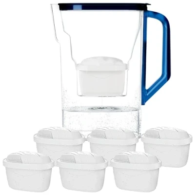 Image de Wessper Carafe Filtrante avec Filtre, pour porte de réfrigérateur 2,7 L, Cartridges Charbon Actif et Résine échangeuse d&#039;ions, Pitcher set 6 Filtres Bleu