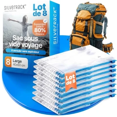 Image de SilverRack Sacs sous vide à rouler [8 pièces] en (40x60 cm) de compression pratiques Réutilisables pour les voyages rangement sans aspirateur comme Backpacker Vacuum Bags