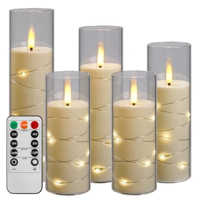 Image de Da by bougie LED avec guirlandes lumineuses, à piles télécommande et minuterie de 24 heures, lumineuse sans flamme pour la décoration intérieure (Blanc ivoire, lot 5)