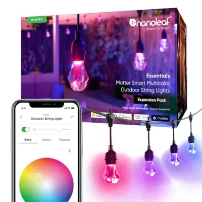 Image de Nanoleaf Essentials, Guirlande Lumineuse Extérieure Pack d&#039;Extension 15M LED RGBICW Connectée 16M Couleurs, IP65 Imperméable, 20 ampoules LED, WiFi Bluetooth Matter, Jardin &amp; Guinguette