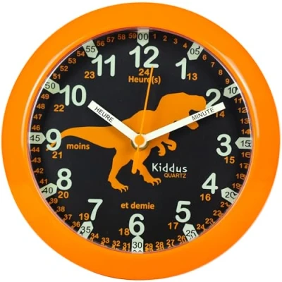 Image de Kiddus Horloge Murale Éducative pour Enfants, Garçon, Fille. Time Teacher Analogique avec Exercices. Mécanisme en Quartz Silencieux. FRANÇAIS Dino