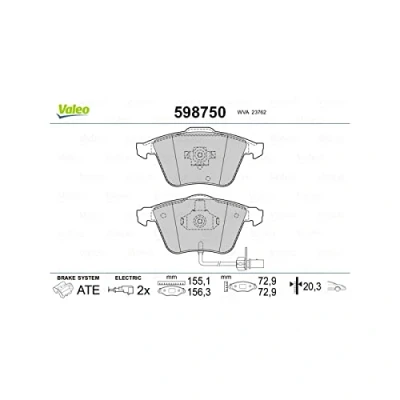 Image de VALEO 598750 Jeu de plaquettes frein Essieu avant contact signal d&#039;usure inclus avec tôle anti bruit AUDI: A6 C5 Avant, Berline