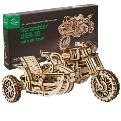Image de UGEARS Moto avec Sidecar Puzzles 3D UGR 10 Scrambler Maquettes en Bois