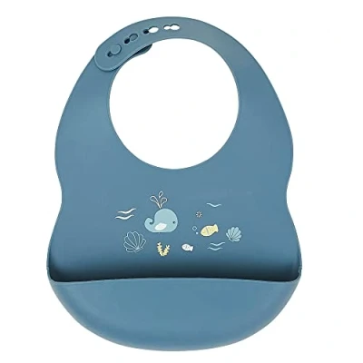 Image de Nattou Bavoir en Silicone avec Bac de Récupération, motif Monde marin, Taille Réglable, Sans BPA, Environ 20 x 27 cm, Silicone, Bleu