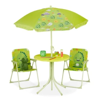 Image de Relaxdays Ensemble Chaise Table de Camping, pour Enfants, Meubles, avec Parasol, Pliables, Motif Monstre, Jardin, Vert