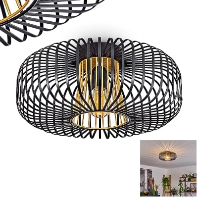 Image de plafonnier Oravi, rond en métal noir/doré, 1 flamme, douille E27, Ø 40 cm, luminaire rétro/vintage avec un superbe effet lumineux grâce à l&#039;aspect grillagé, ampoule(s) non incluse(s)
