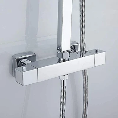 Image de Mitigeur thermostatique de douche avec bouton sécurité 38 C en haut et G 1/2 bas Raccord laiton chromé carré