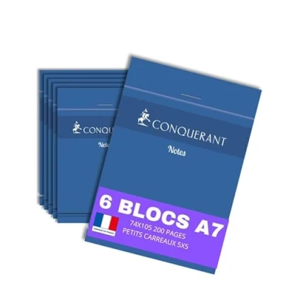 Image de CONQUERANT lot de 6 Bloc Notes A7 Petits Carreaux 5mm 200 Pages Agrafées Tête Couverture Carte Bleu