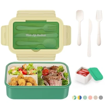 Image de LUZOON Lunch Box, Bento Box Boîte à Déjeuner en Plastique pour Enfant Adulte, 1400ml Boite Repas avec Trois Compartiments et des Couverts, Sans BPA