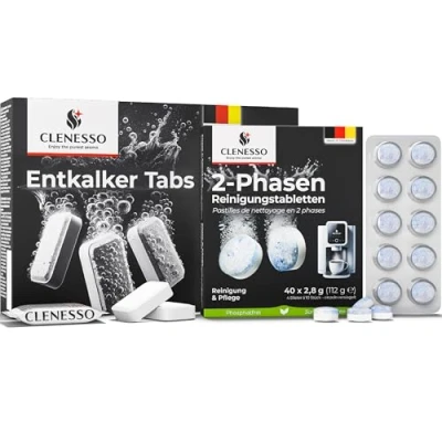 Image de CLENESSO Kit d&#039;entretien Power: détartrant machine à café (50 unités) + pastille nettoyage a cafe 2 phases (40 compatible avec Jura, Siemens, etc. entretien optimal