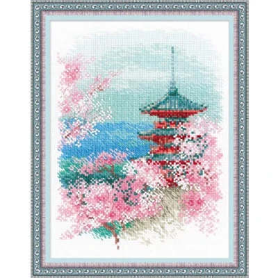 Image de RIOLIS Sakura. Pagode Kit de Point Croix, Coton, Multicolore, 18 x 24 cm