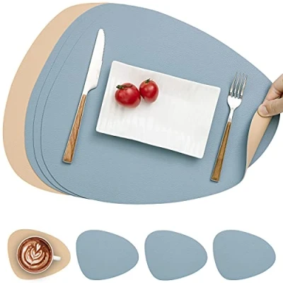 Image de Myir JUN Set De Table en Cuir et Dessous Verre, Antidérapant Double Face TableLavable Imperméables Verre Plastique (Beige Bleu)