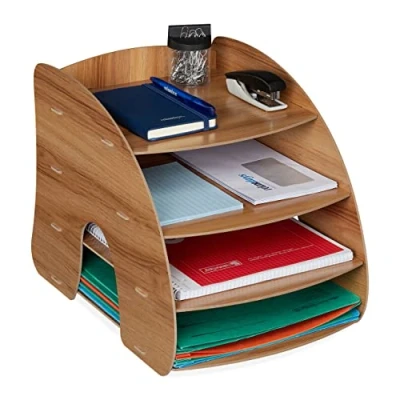 Image de Relaxdays Rangement Documents, 4 Compartiments, étagères Lettres, Organiseur A4, HxLxP:27 x 25,5 34,5 cm, Marron foncé