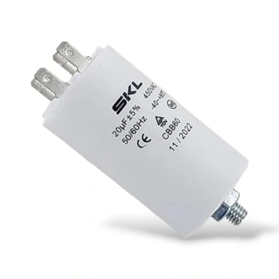 Image de DEKAROX Condensateur universel 20 µF 450 V Ø 40 x 70 mm avec cosses enfichables AMP 6,3 Vis de fixation M8 CBB60 démarrage et course pour appareils électroménagers