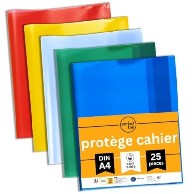 Image de perfect line 25 protège cahier 21x29.7 DIN A4, grainés, PP recyclable, protege colorés et transparents, Fabriqué dans l&#039;UE