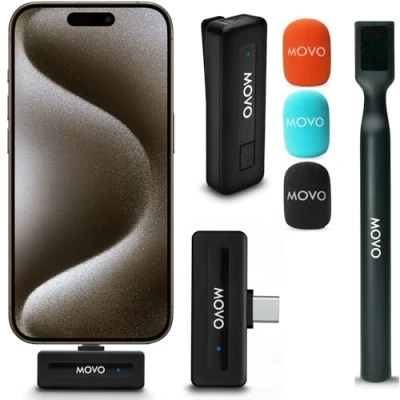 Image de Movo Mini microphone cravate sans fil UC ultra compact pour iPhone 15 avec adaptateur portatif WMX HM Micro support de poignée créateurs contenu, entretiens, reportages et plus