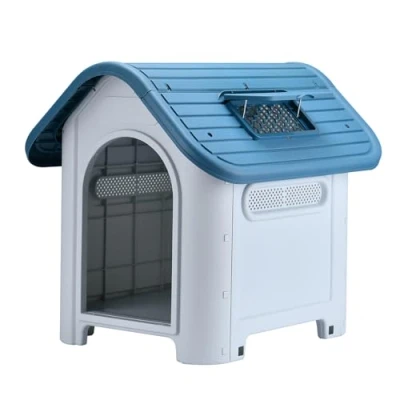 Image de Lanco Niche pour Petits Chiens avec Toit ouvrant réglable. Utilisation intérieure et extérieure aérations. Matériau résistant. 75x59x66cm. Bleu Blanc.