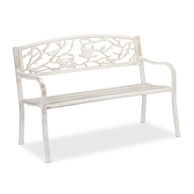 Image de Relaxdays Banc, Motif Oiseau, 2 sièges, Vintage, Jardin et Balcon, Acier, HLP : 87 x 127 57cm, Blanc/Bronze, Fonte, 1 élément