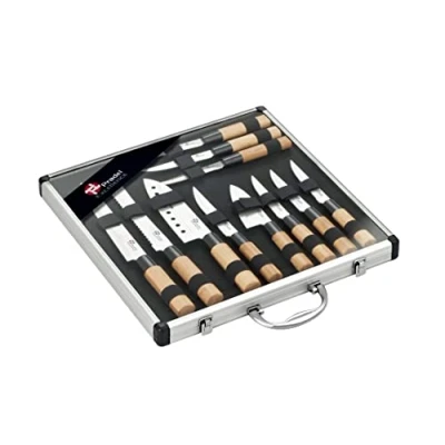 Image de Pradel Excellence Malette Coutellerie 11 Pièces de Couteaux (Mini Couteau Chef, à Steak, Utilitaire, Santoku, Découper) Lames en Acier Inoxydable, Manches Bambou Boîte Couleur