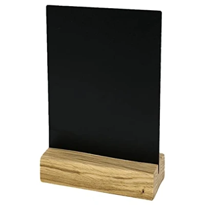 Image de HMF 46450 Présentoir de table Inscriptible à la craie en acrylique Avec pied bois et support T Format A6 Noir