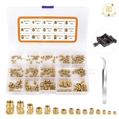 Image de Insert Fileté Métal, 220Pcs Écrou Moleté, M2 M2.5 M3 M4 M5 M6, Impression 3D, Filetage Femelle Écrous avec 1 Pince à Épiler, en Laiton pour Imprimer 3D
