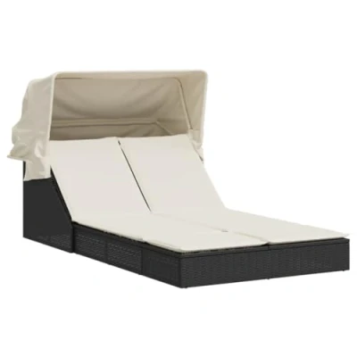 Image de vidaXL Chaise Longue Double et auvent Coussins Noir résine tressée