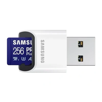 Image de Samsung 256 Go Pro Plus Carte Mémoire Micro SDXC (2023) jusqu’à 180/130 Mo/s avec Lecteur USB