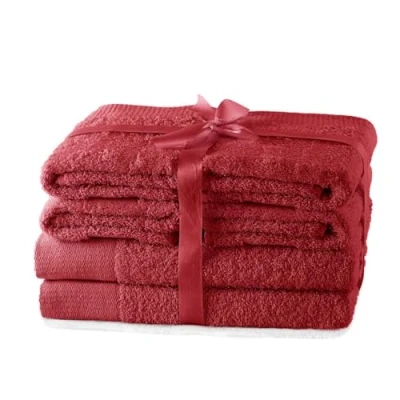 Image de AmeliaHome Lot de 4 Serviettes Toilette 50 x 100 cm et 2 Bain 70 140 % Coton Absorbant Rouge foncé Amari