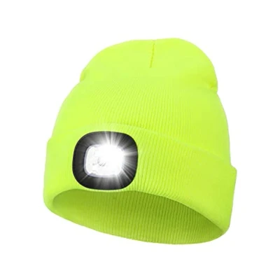 Image de Bonnet LED unisexe avec lumière, rechargeable par USB, mains libres, lampe de poche, jaune fluo, taille unique