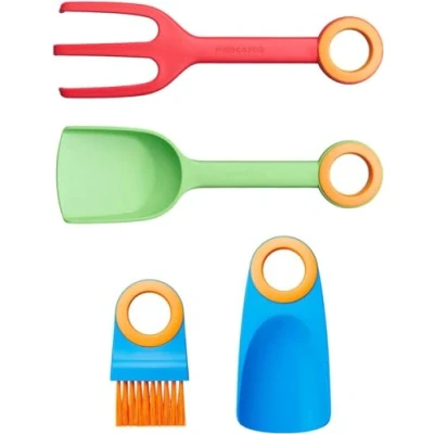 Image de Fiskars Set d&#039;Outils Manuels pour Enfants, Truelle à fleurs, Fourche planter, Brosse et planter sans manche, 4 en 1
