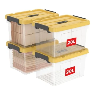Image de Cetomo Lot de 4 boîtes rangement en plastique 20 L x 4, fourre tout transparentes avec couvercle jaune durable et boucles verrouillage sécurisées, empilables emboîtables