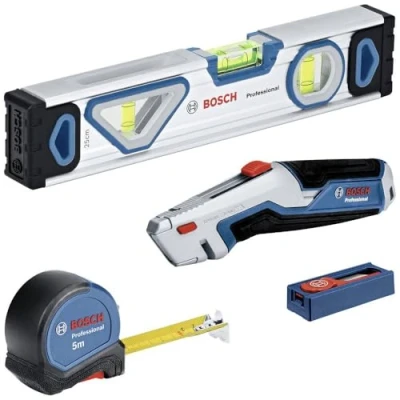 Image de Bosch Professional set d&#039;outils à main professionnels (niveau bulle de 25 cm, mètre ruban 5 m, couteau universel lame extractible avec 10 lames rechange) 1600A027M3