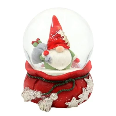 Image de Boule à Neige Lutin de Noël avec Sac Cadeau sur Socle Rouge étoiles, l x H Ø 6,8 9 cm 6,5