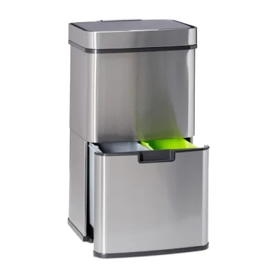 Image de Relaxdays Poubelle de tri sélectif 3 compartiments inox 60 litres ouverture sensitive HxlxP: 74,5 x 42 31,5cm, argenté