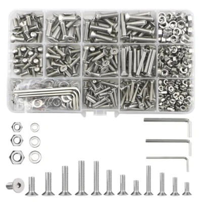 Image de Lot de 747 écrous et boulons assortis (M3/M4/M5), tête plate hexagonale avec rondelles, vis à machine en acier inoxydable clé, clé Allen (argent)