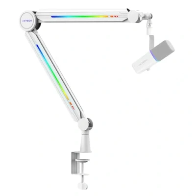 Image de IXTECH bras de micro RVB à profil haut, support microphone réglable avec bureau, pour diffusion en direct, enregistrement podcast, blanc